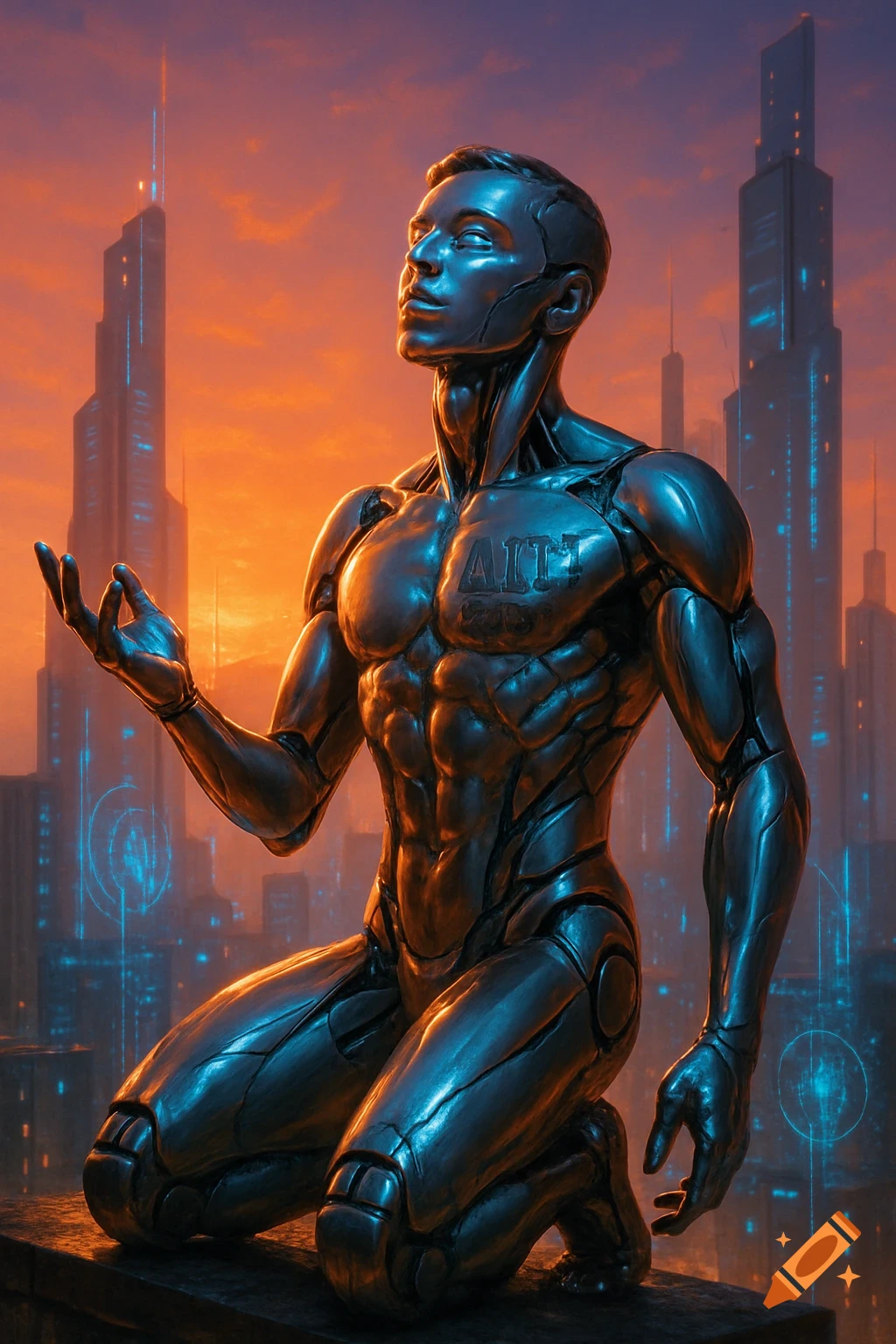 A metallic humanoid robot kneels and looks up in a futuristic city at sunset.