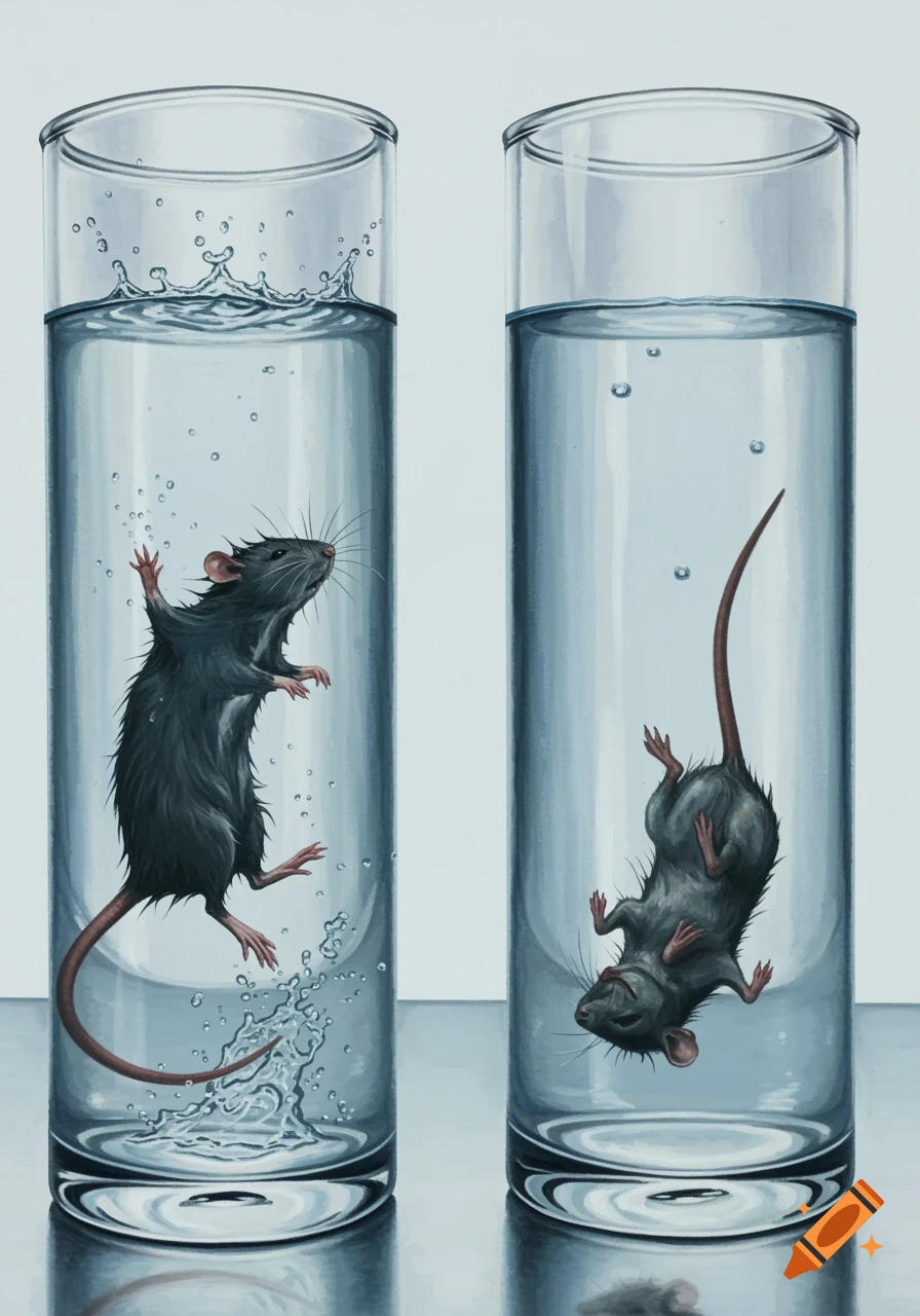 An illustration of two glass cylinders, one with a splashing rat, the other with a dead floating rat.