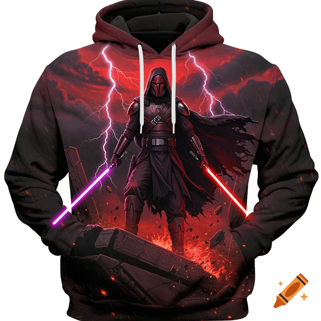 Darth Revan stands on a shattered temple, wielding red and purple lightsabers under a storm-filled sky with lightning, in a gritty comic-book style.