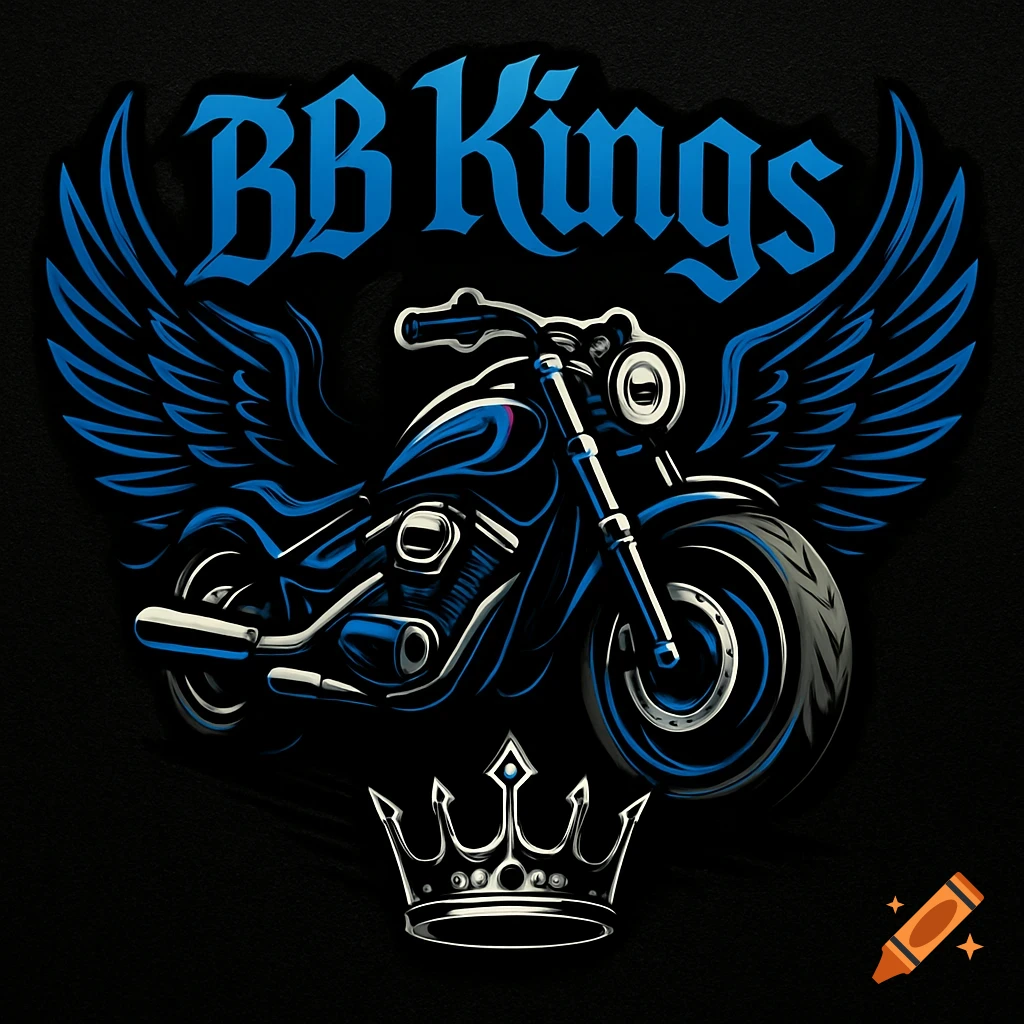 A stylized logo featuring a blue motorcycle with large blue wings, the text "BB Kings" in blue above, and a white crown below, all on a black background.