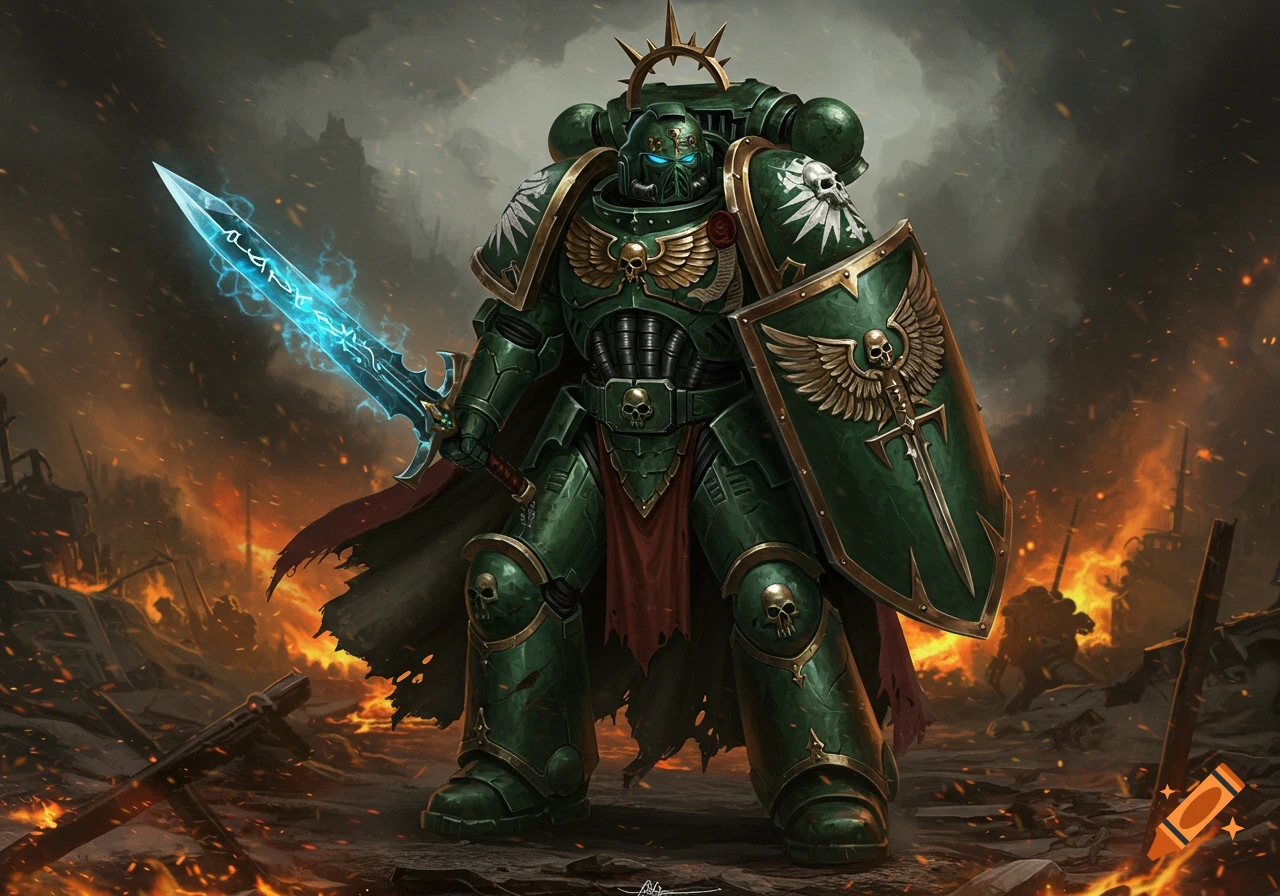 A heavily armored green and gold space marine stands holding a glowing blue sword and shield amidst a fiery battleground.