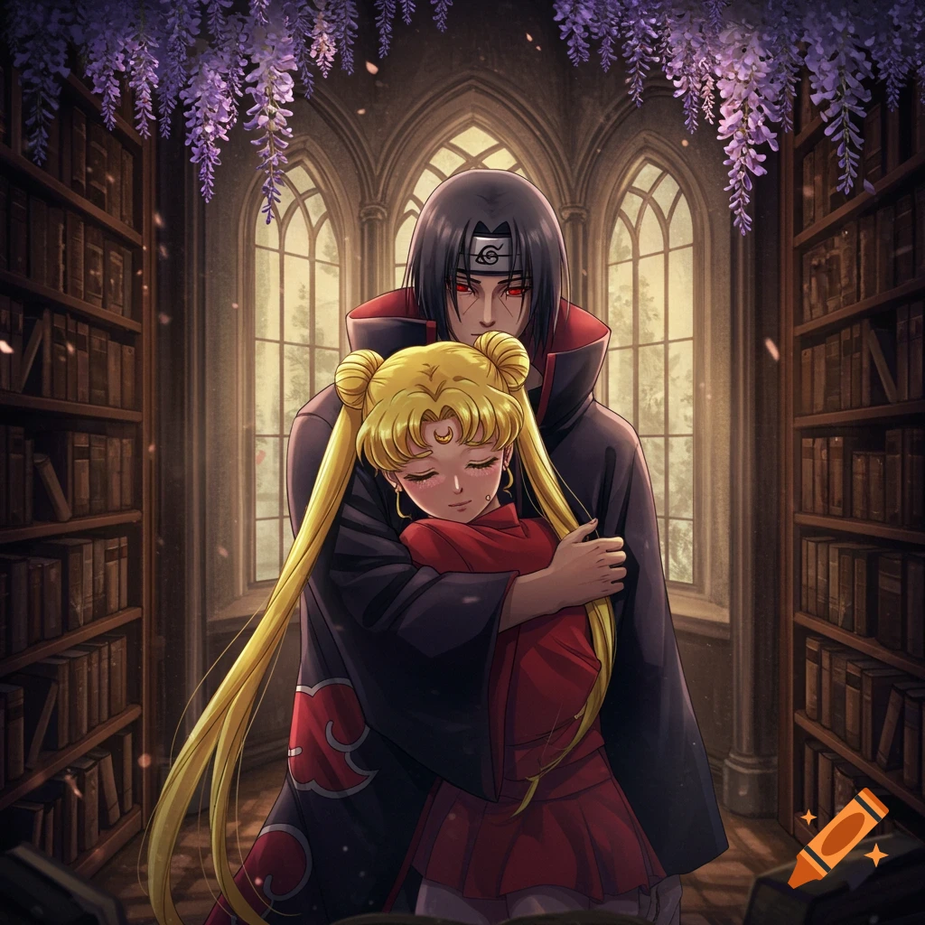 Anime characters Itachi Uchiha and Usagi Tsukino embrace in a gothic-style library with wisteria hanging from above.