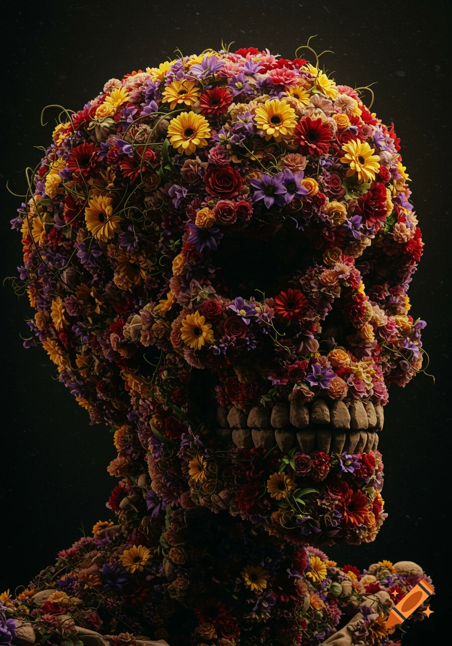 A skull shape composed entirely of colorful red, yellow, and purple flowers with dark stone teeth against a dark background.