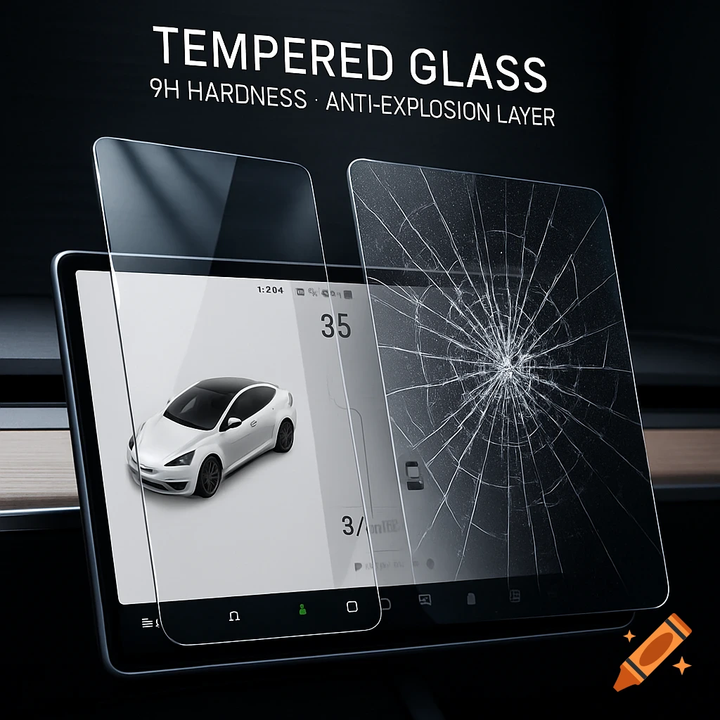 A close-up product image shows two transparent tempered glass screen protectors floating over a Tesla car's touchscreen display.