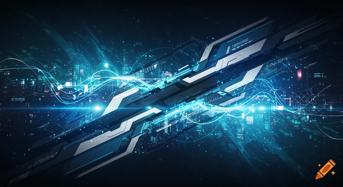 Abstract futuristic technological background with glowing blue lines, geometric shapes, and a blurred cityscape.