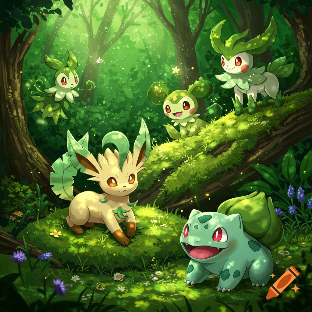 Several grass-type Pokemon, including Leafeon and Bulbasaur, gather in a vibrant, sunlit forest with lush green foliage.