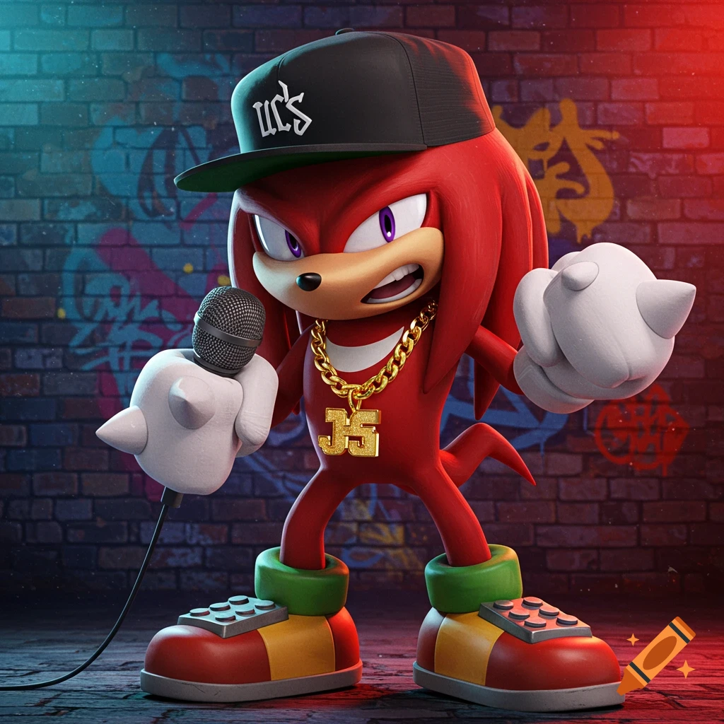 Knuckles the Echidna, a red anthropomorphic echidna, raps into a microphone while wearing a black snapback cap, a chunky gold chain, and red and yellow shoes, standing in front of a graffiti-covered brick wall.