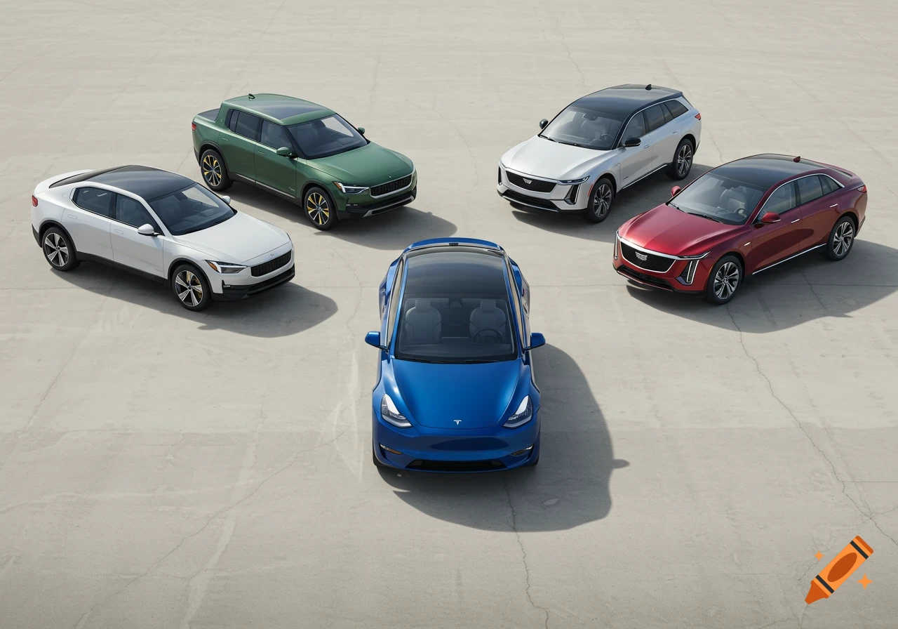 Five diverse electric vehicles, including a blue Tesla Model Y, parked in a semi-circle on a concrete lot, viewed from above.