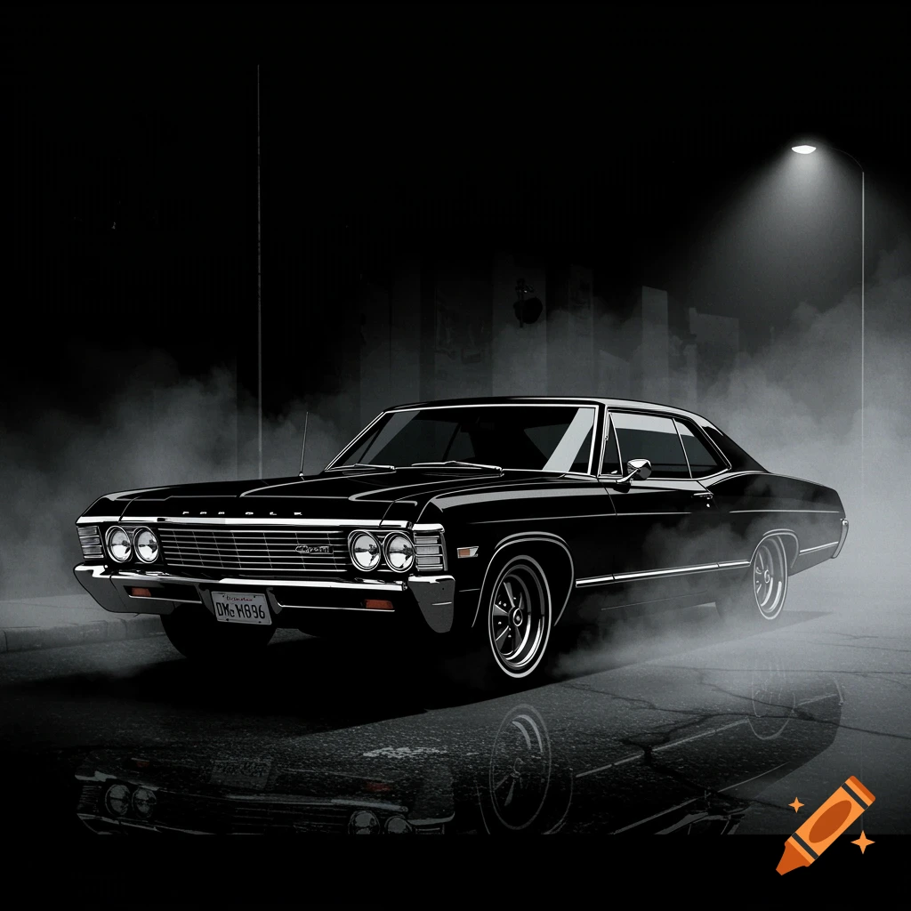 A black 1967 Chevrolet Impala in a smoky, dark street scene, rendered in a Frank Miller comic style.