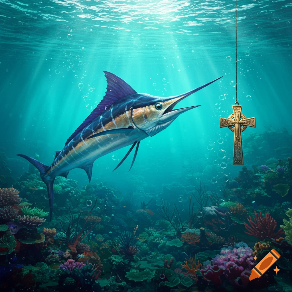 A photorealistic marlin fish swims underwater towards a hanging golden Celtic cross, surrounded by coral and sunlight.