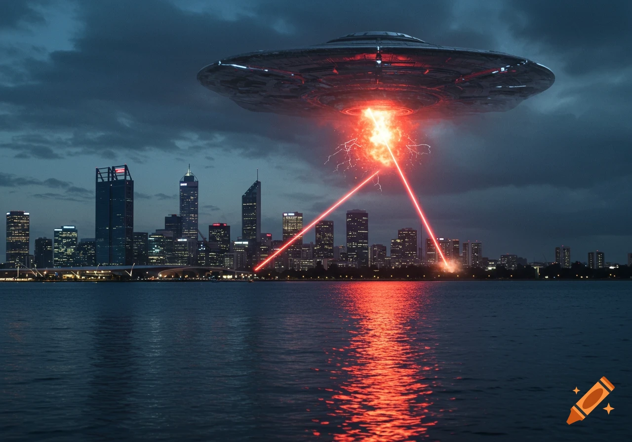 A menacing UFO hovers over the Perth skyline at dusk, firing red lasers that reflect on the water below.