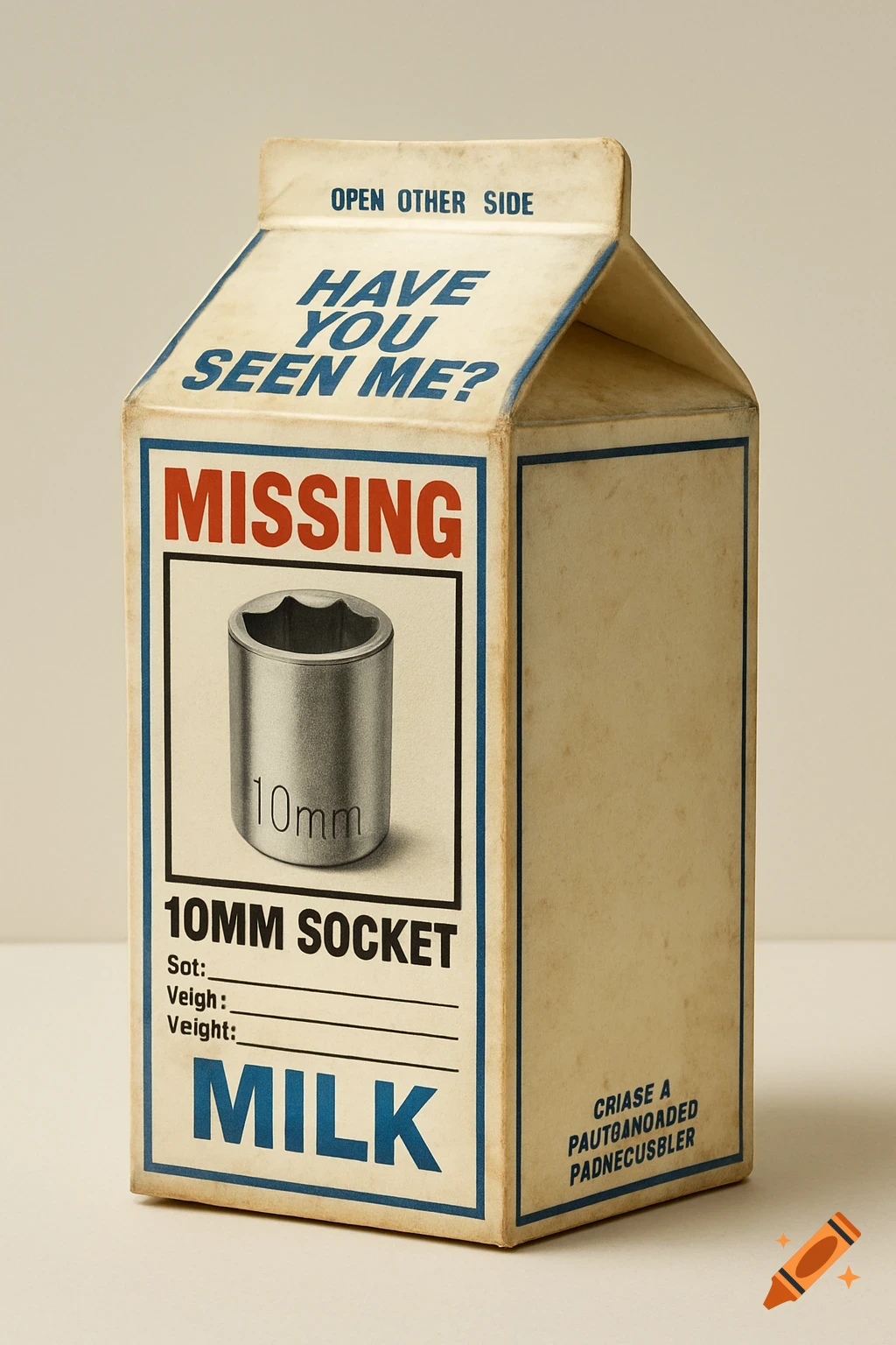 A realistic 1980s-style milk carton with a 'Have You Seen Me?' missing poster for a 10mm socket, on a plain neutral background.