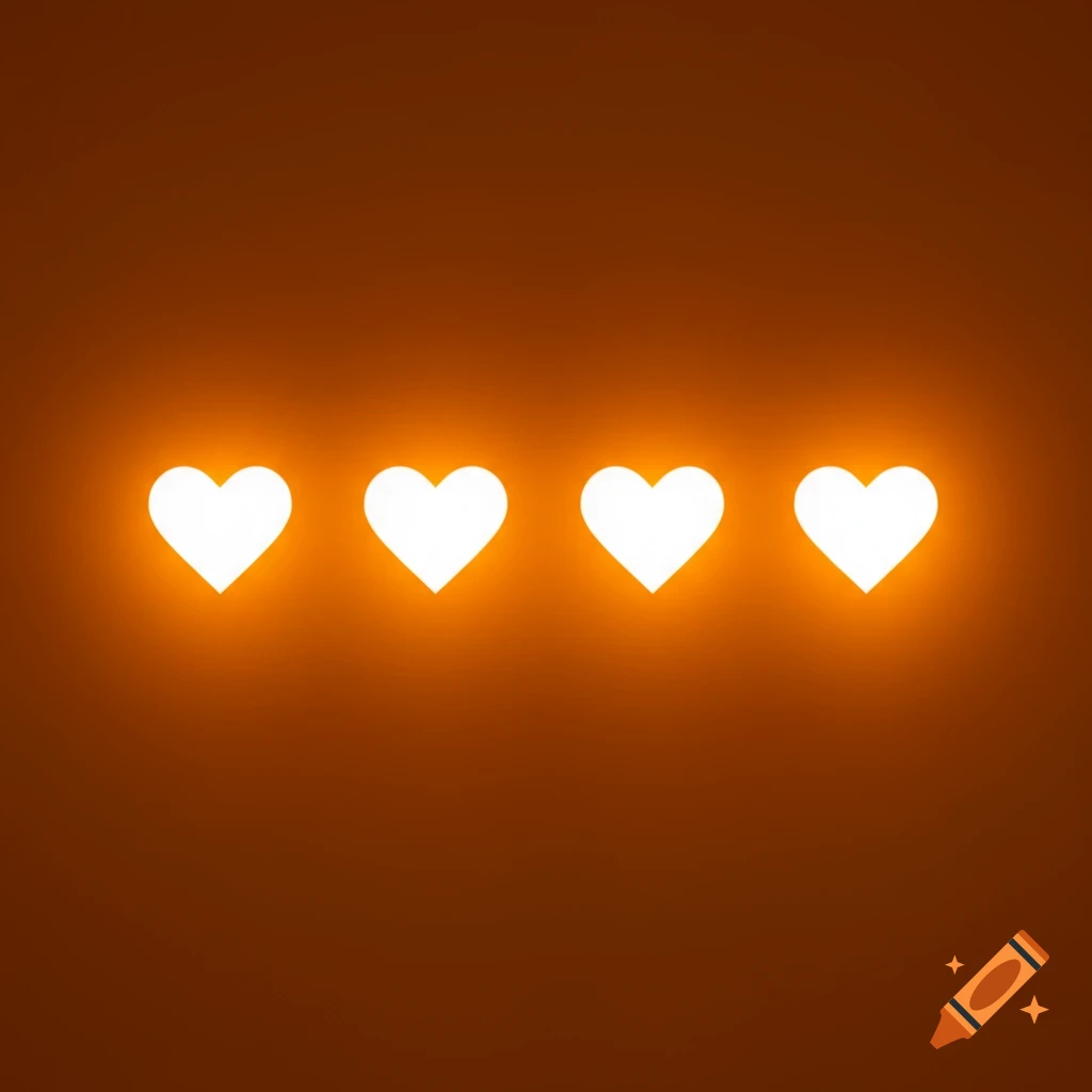 Four glowing white hearts in a horizontal row on an orange background.