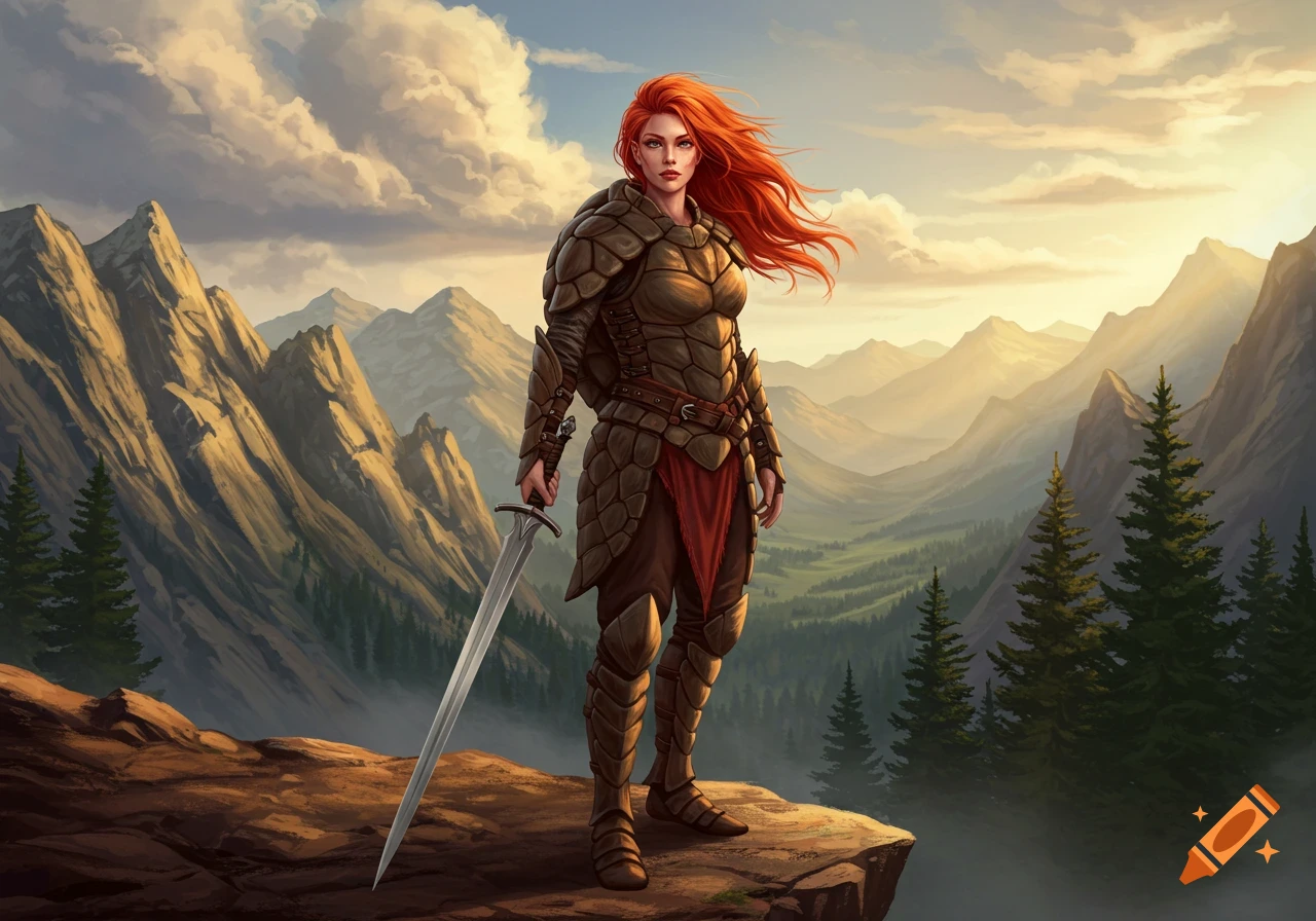 A red-haired woman in scale armor holds a sword while standing on a mountain peak at sunset, overlooking a vast valley.