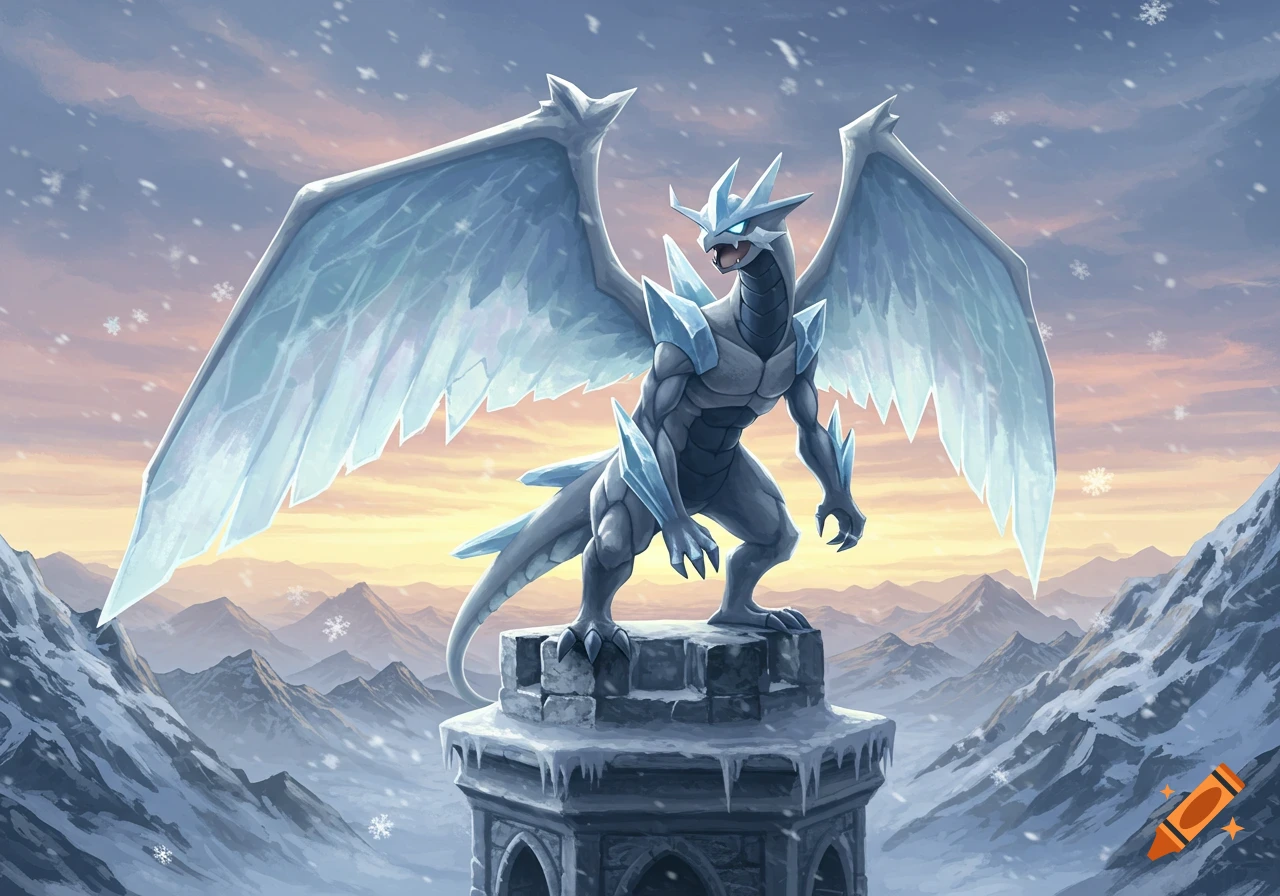 An ice-type Pokemon with crystal wings stands on an icy tower in a snowy mountain range under a sunset sky.