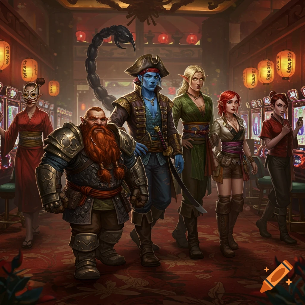 Fantasy characters, including a dwarf, elves, and humans, in a black scorpion-themed casino with slot machines and red lanterns.