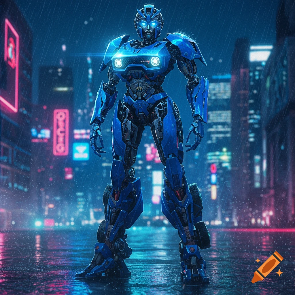 A powerful blue robot resembling a transformer stands in a rainy, neon-lit futuristic city street at night.