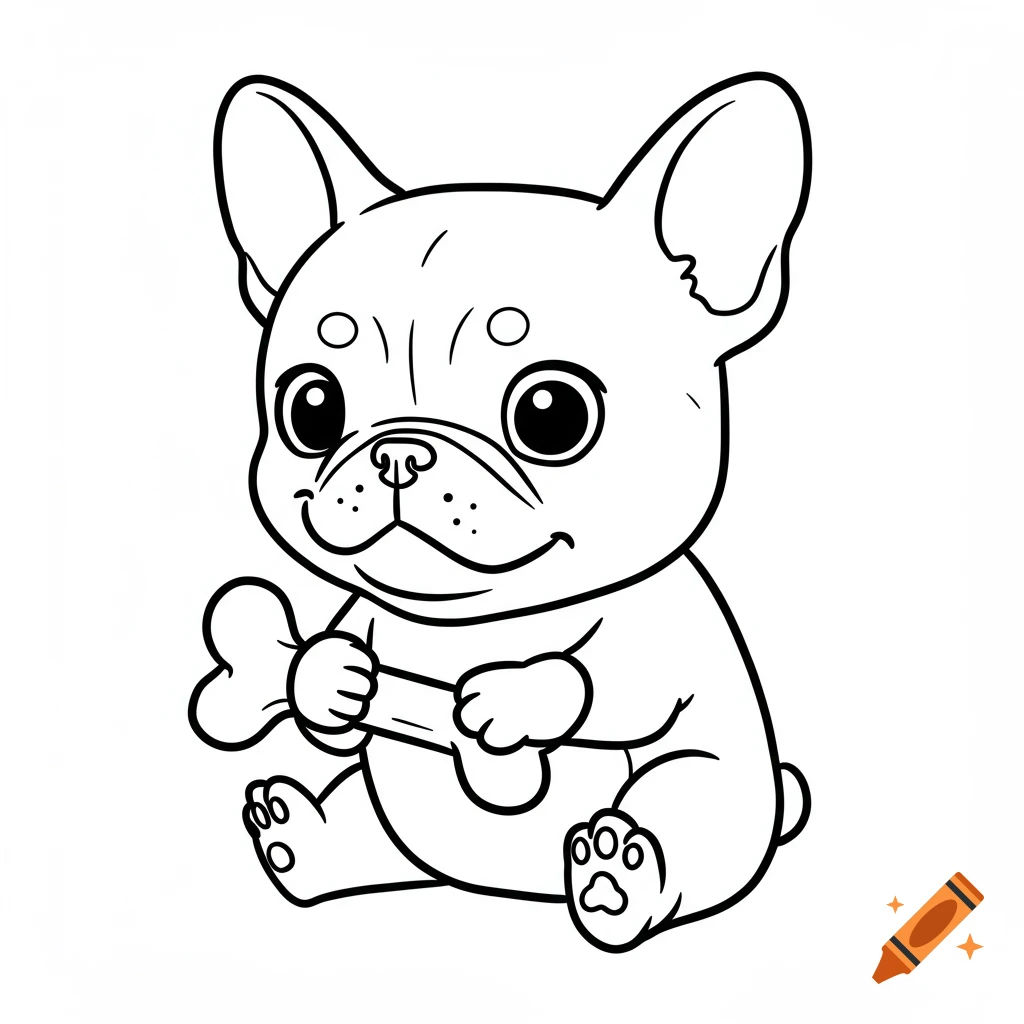 Line art cartoon of a cute French bulldog puppy sitting and holding a bone.