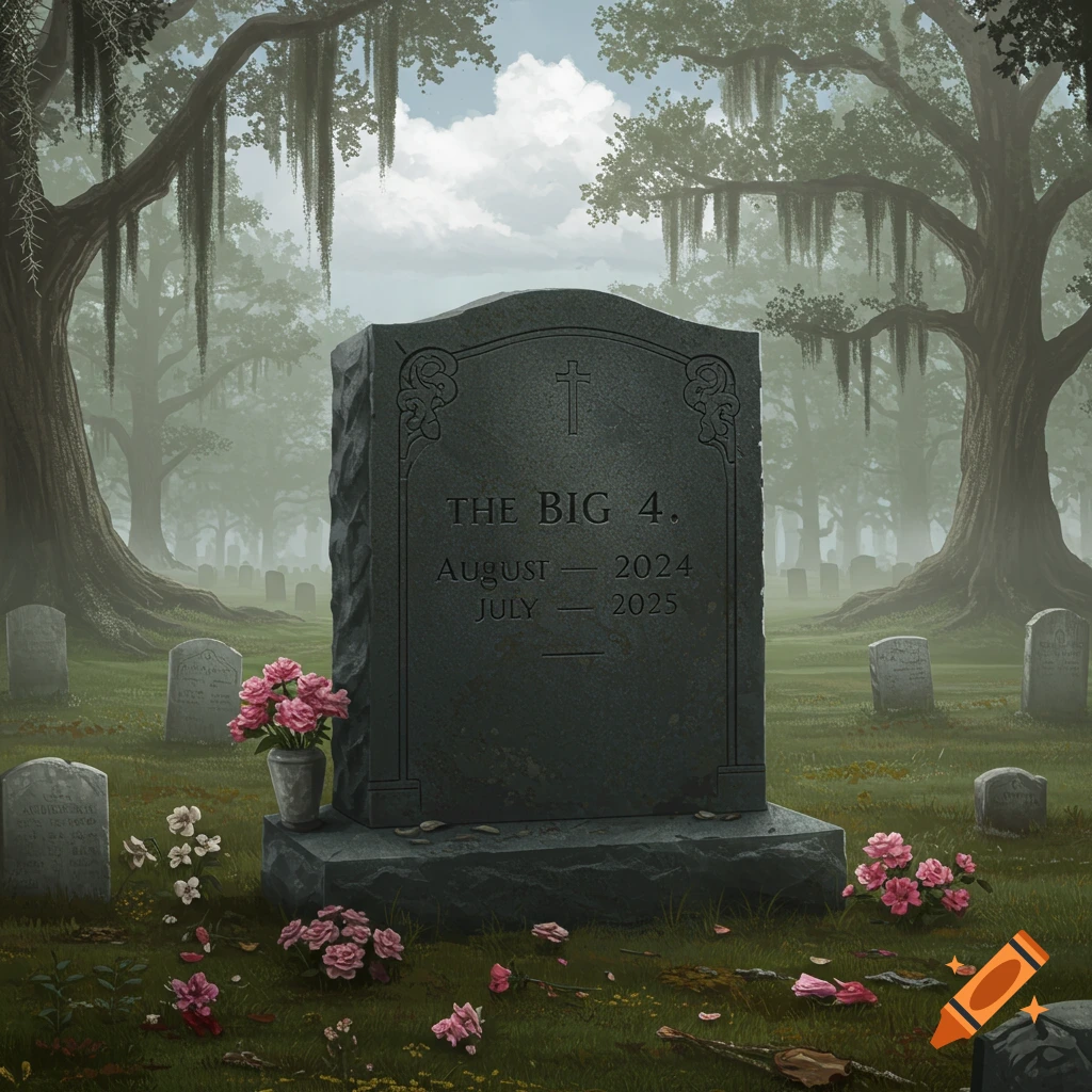 A dark gravestone in a misty cemetery, engraved with 'THE BIG 4.' and dates 'August - 2024' and 'July - 2025', surrounded by flowers and trees.