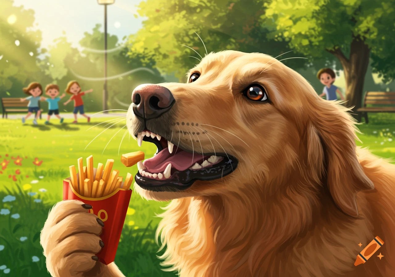 A golden retriever dog happily holds a red carton of french fries in a sunny park with children playing.