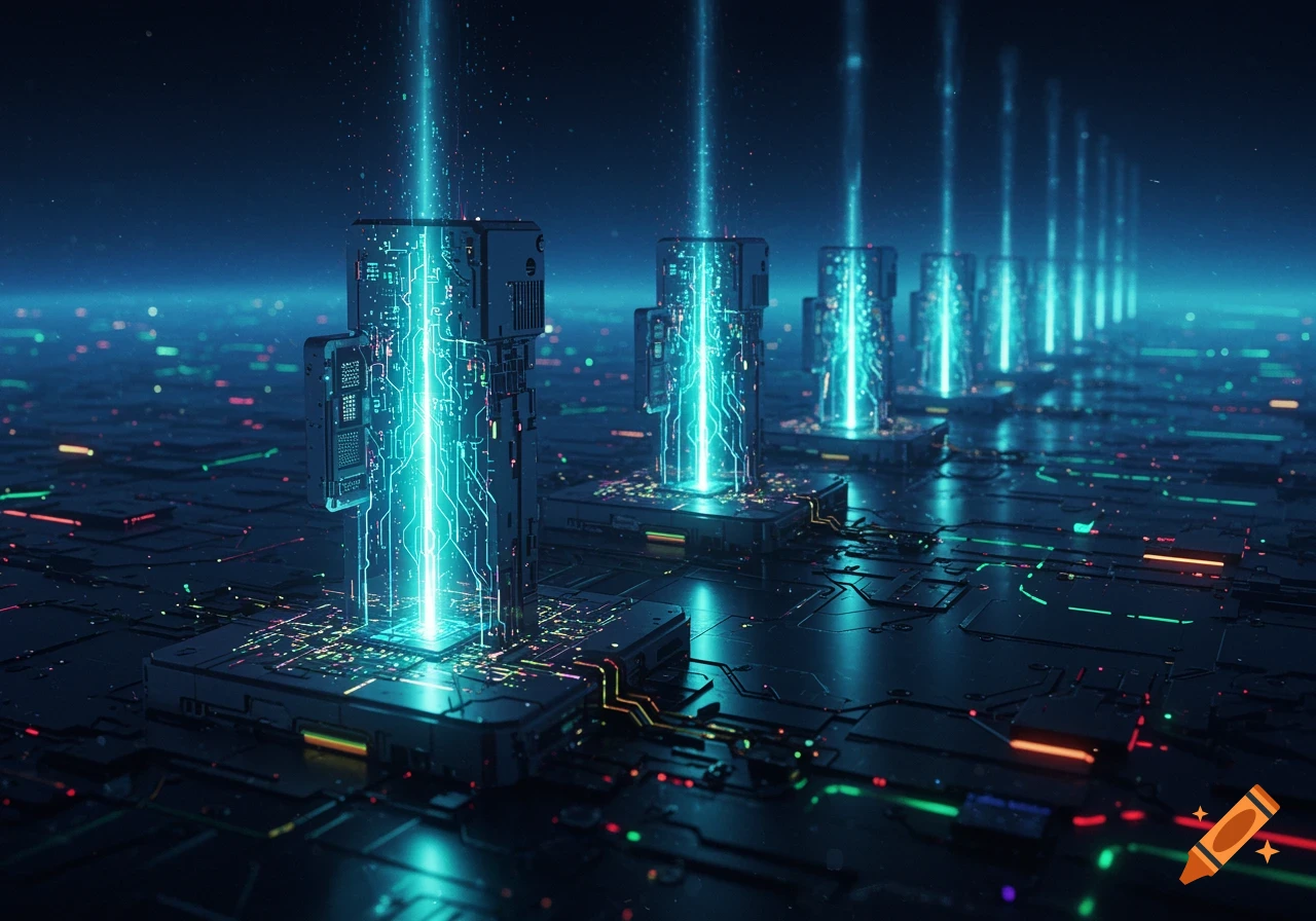 Row of glowing blue and teal light beams emanating from futuristic circuit board-like structures in a dark, digital environment.