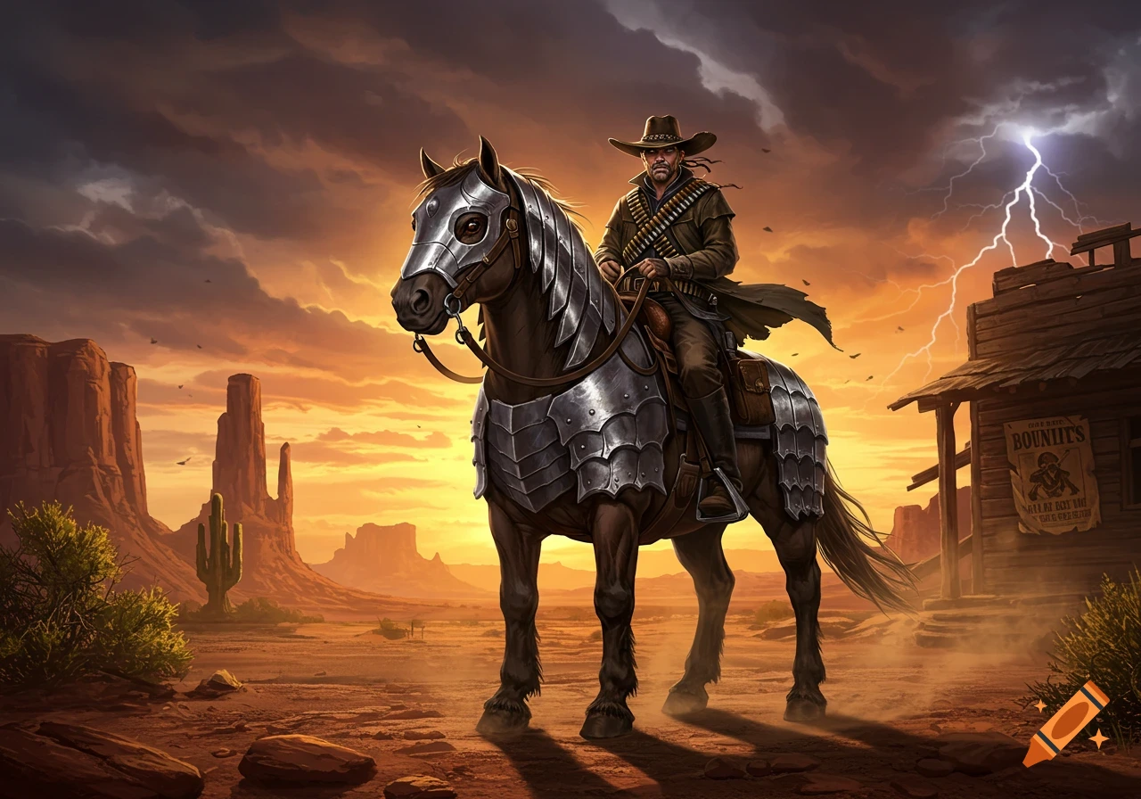 A cowboy in a hat and duster rides an armored horse through a desert at sunset under a stormy sky with lightning, past a wooden building and mesas.