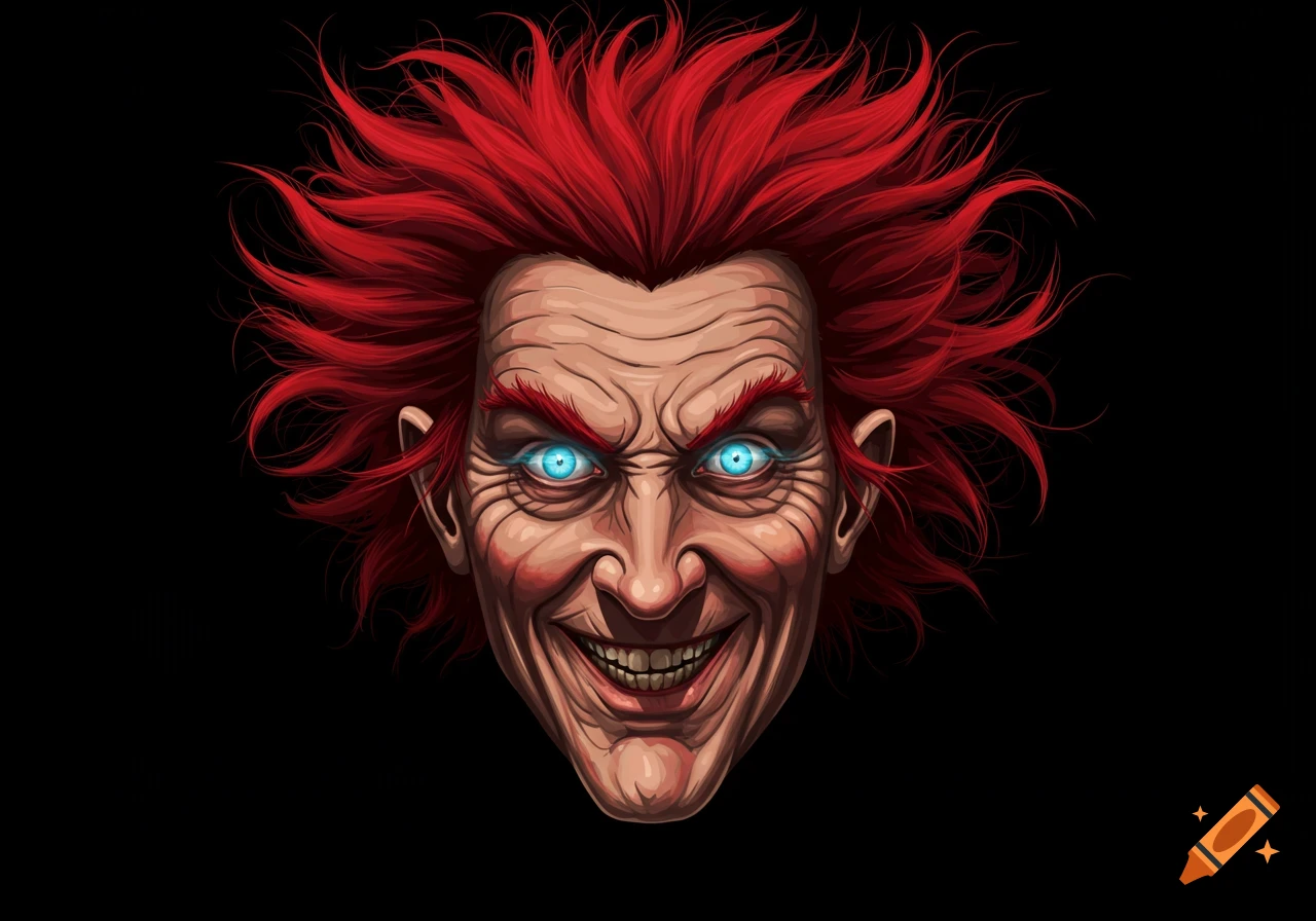 Close-up of a creepy old man with bright red wild hair, deeply wrinkled skin, and glowing blue eyes, grinning on a black background.