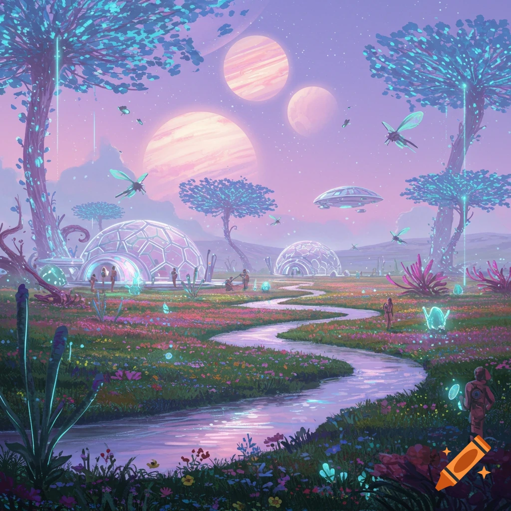 A vibrant, fantastical painting of an alien planet with glowing trees, futuristic domes, a winding river, and multiple planets in the sky.
