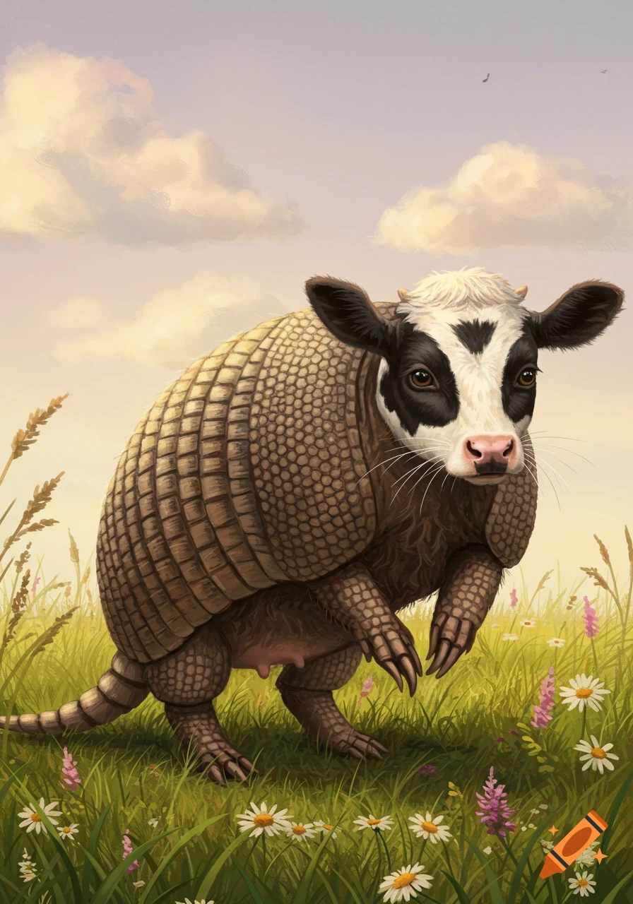 An armadillo with a cow head and fur stands in a grassy field with wildflowers under a cloudy sky in a painted style.