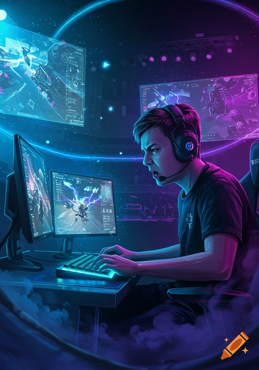 A male esports gamer in a vibrant blue and purple room, wearing a headset, intently playing a video game on multiple screens. Digital art.