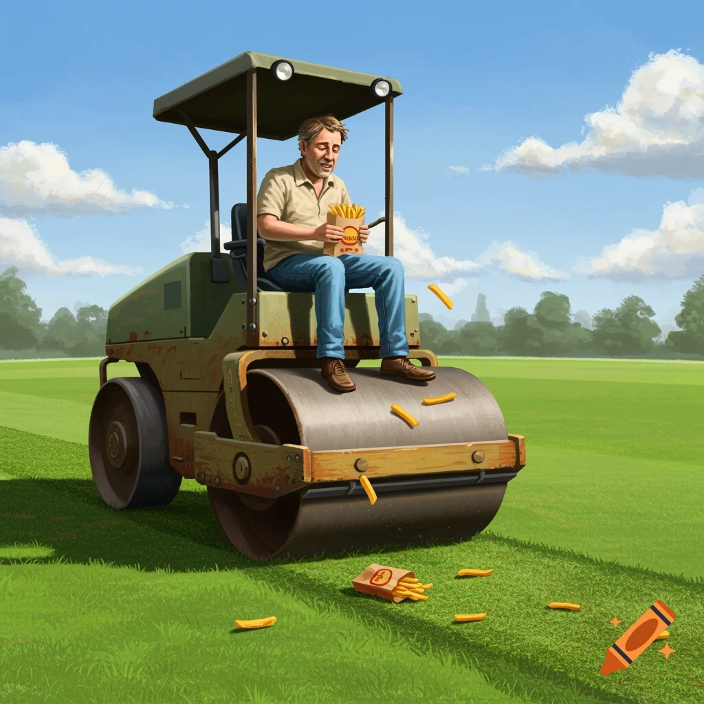 A man sits on a road roller in a grassy field, dropping french fries onto the ground as he eats them.