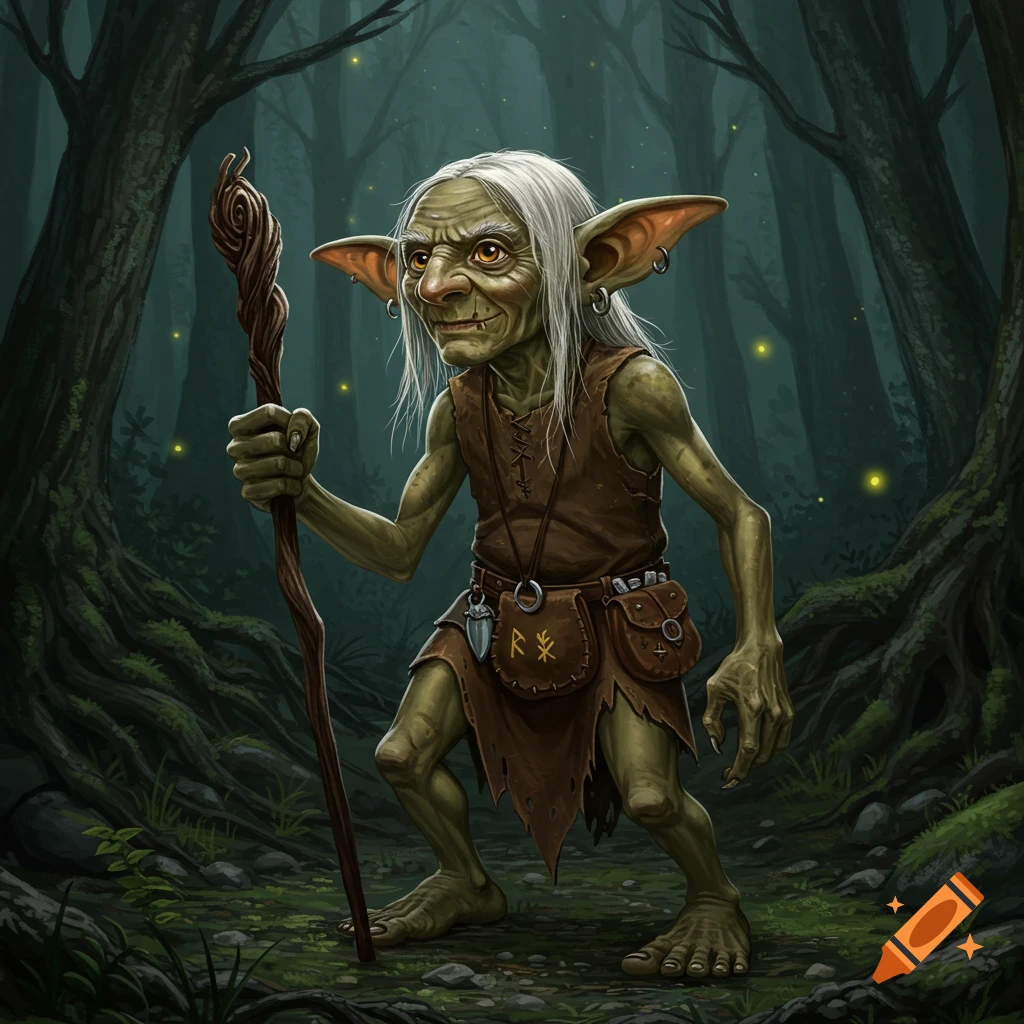 An old goblin with long white hair and large ears, holding a wooden staff, stands in a dark, misty forest with fireflies.