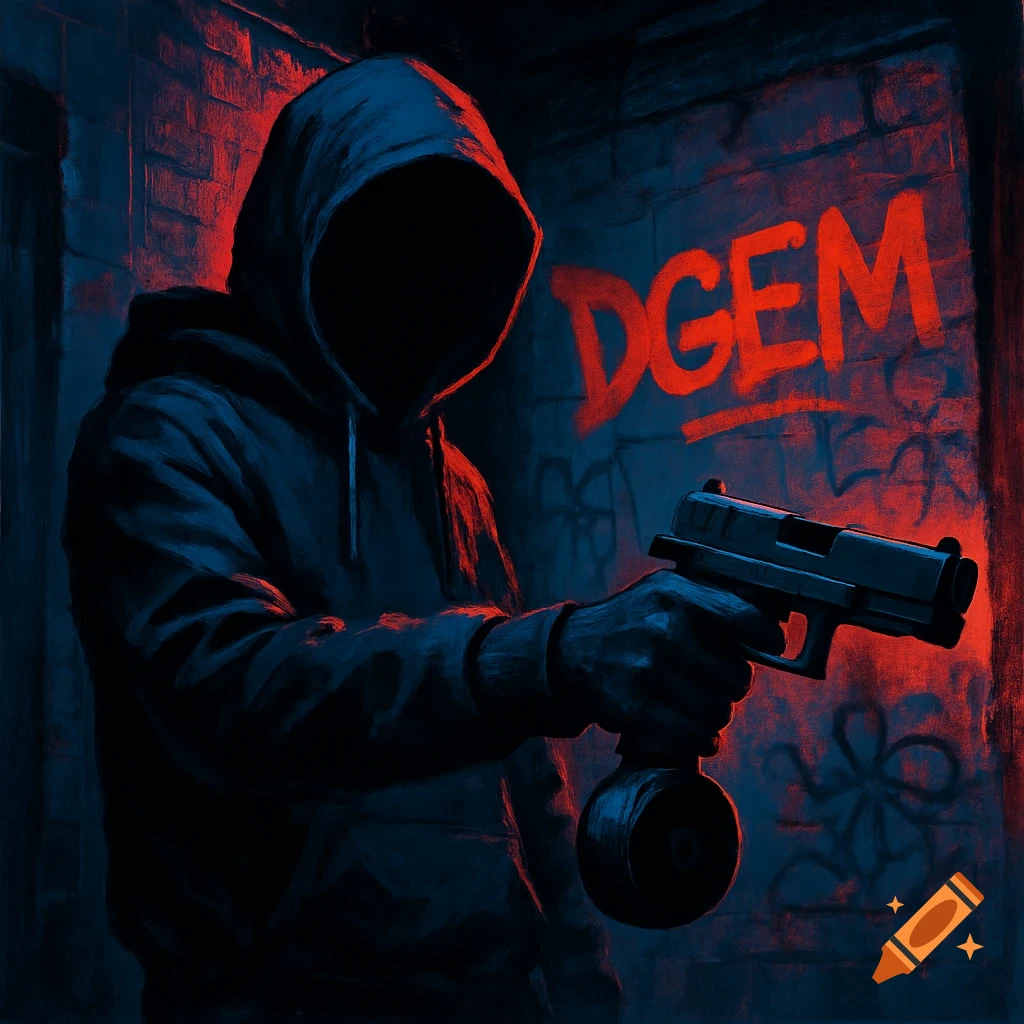 A hooded figure holding a gun with a drum magazine in a dark alley with red graffiti on a brick wall, in a graphic novel style.
