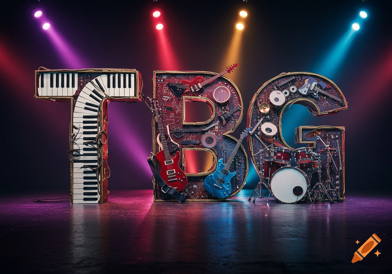 The letters TBG formed by musical instruments including piano keys, guitars, and drums, illuminated by colorful stage lights.