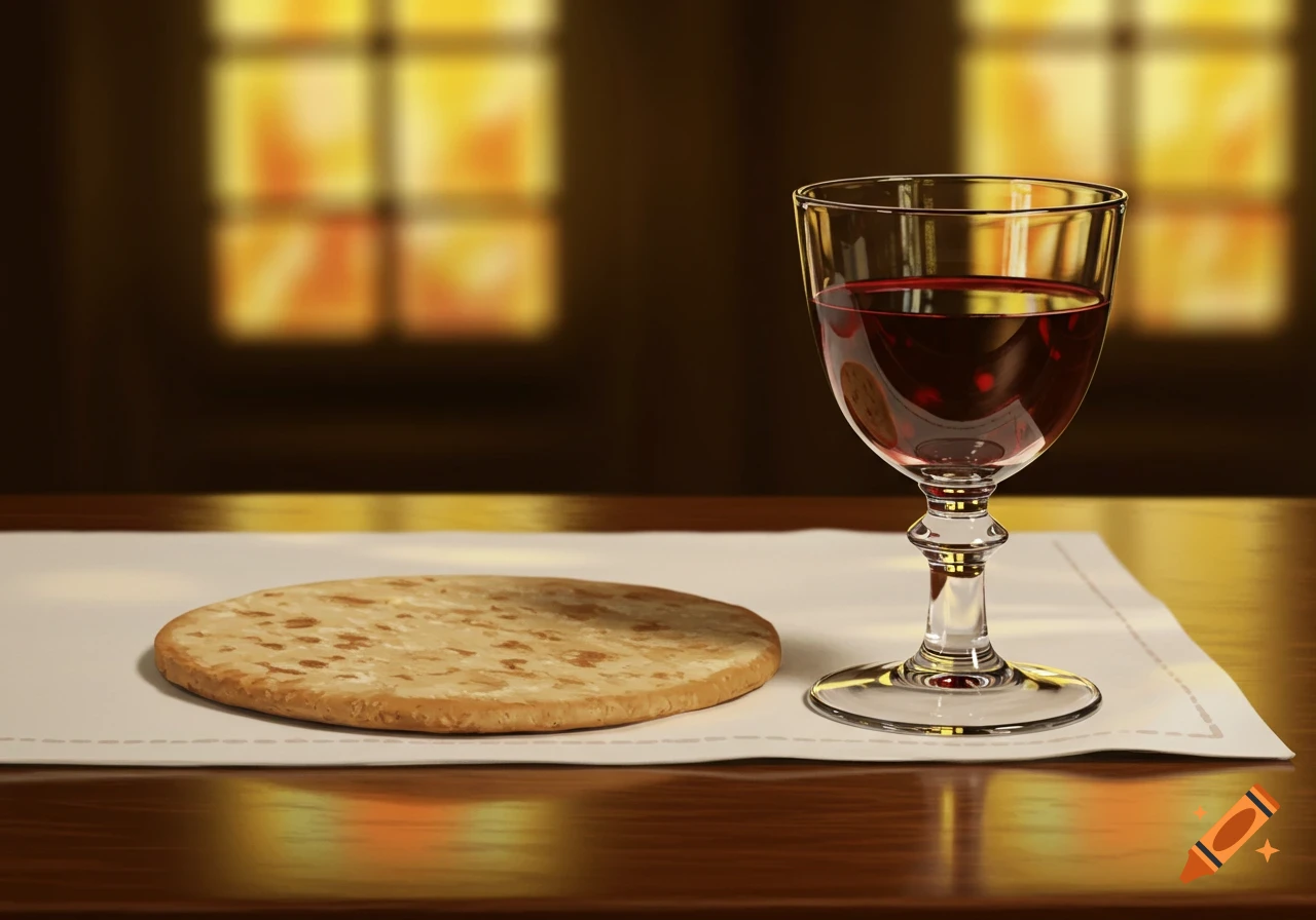 A photorealistic still life of a round flatbread and a glass of red liquid, likely representing communion, on a white cloth and wooden table.
