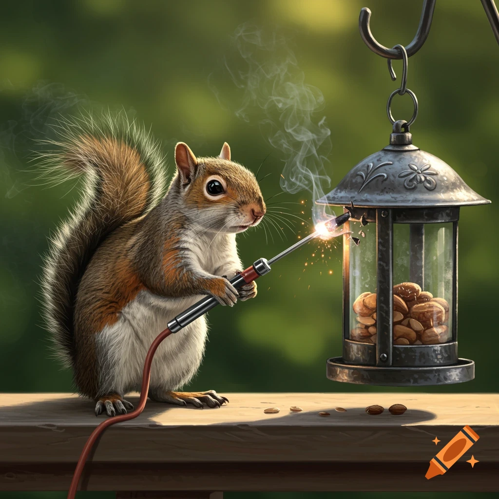 A photorealistic grey squirrel uses welding equipment to break into a metal bird feeder filled with nuts.