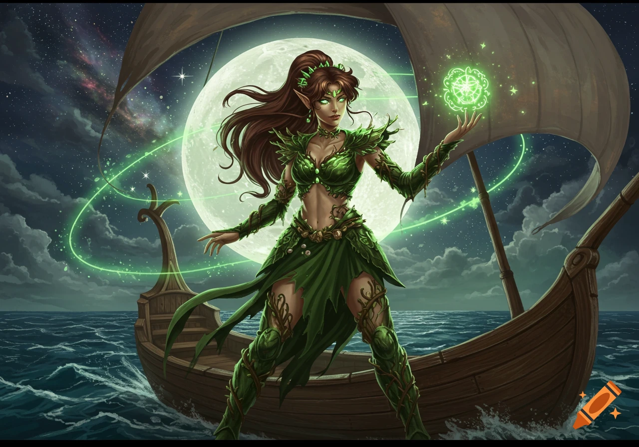 A mystical elf-like woman in green, leaf-adorned armor stands on a boat at night, holding a glowing green orb, with a large moon and starry sky behind her.