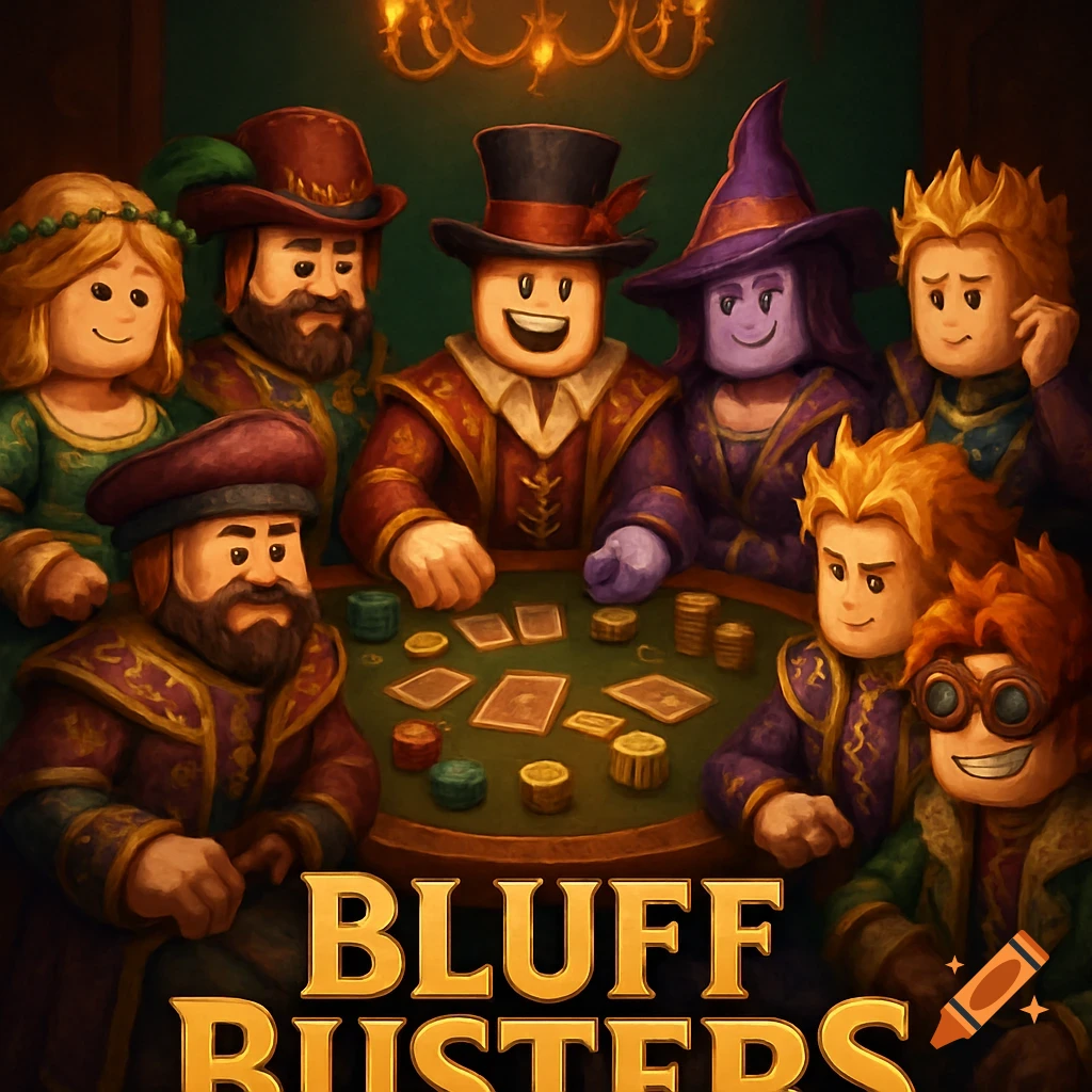Stylized Roblox characters in fantasy attire playing cards around a circular table, with 'BLUFF BUSTERS' text.