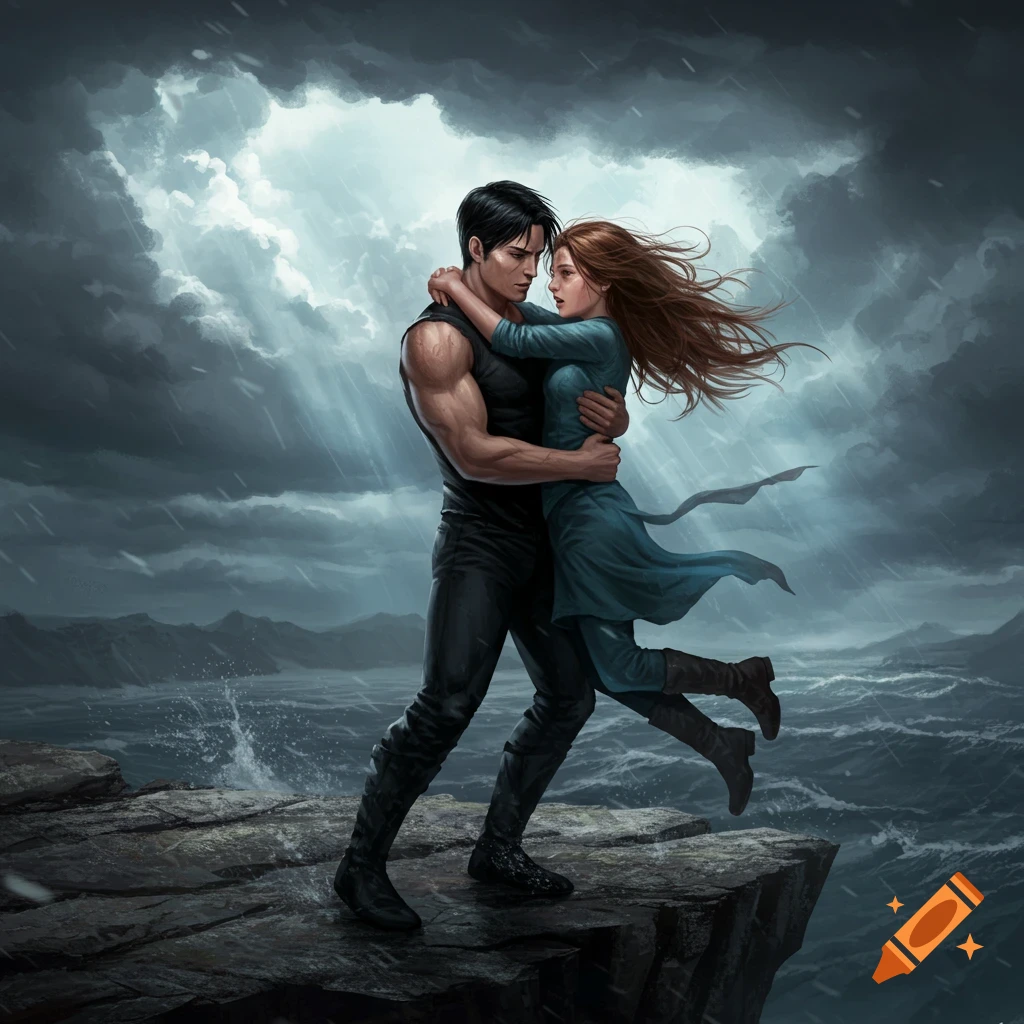 A man and woman embrace dramatically on a stormy cliff overlooking a turbulent sea in a digital painting.