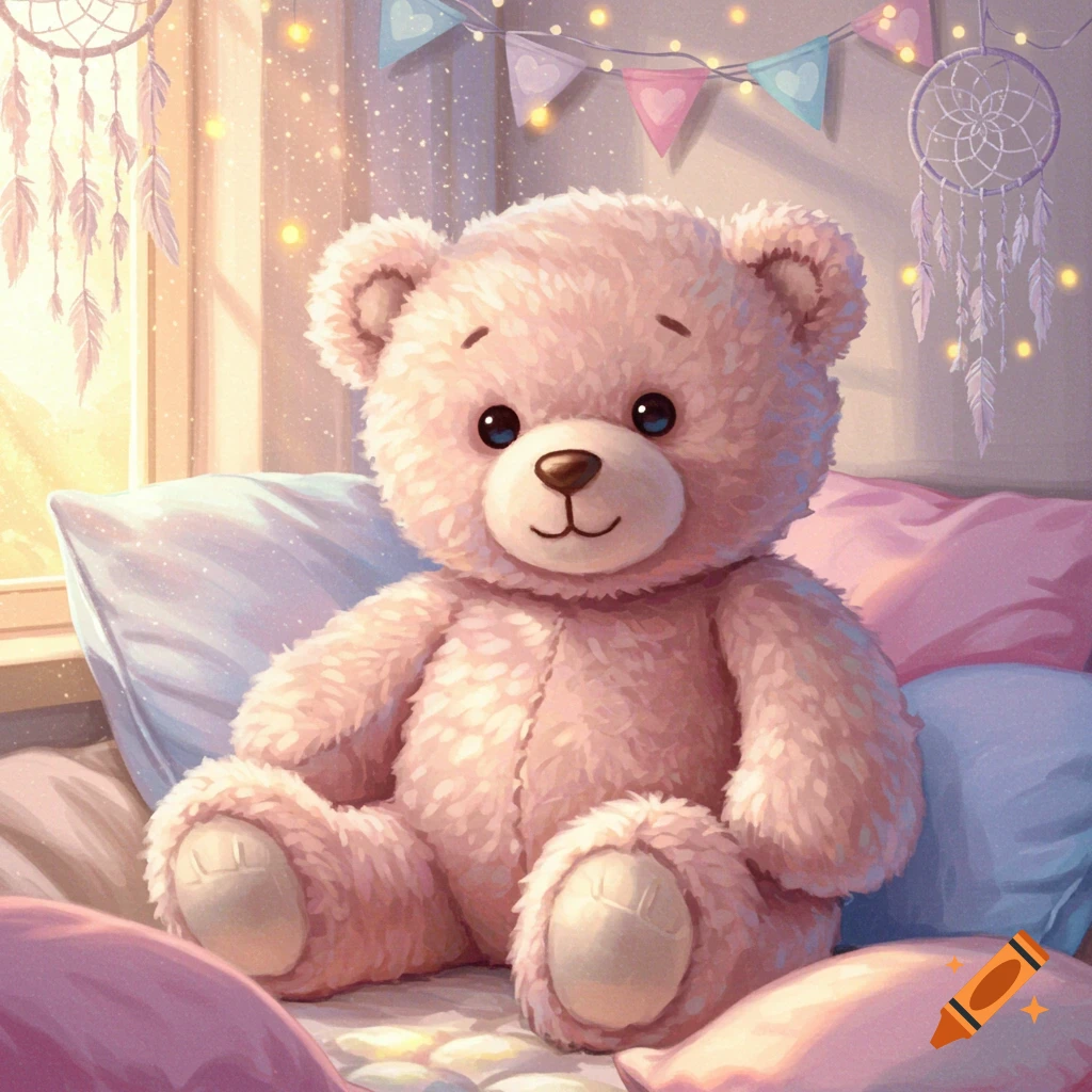 Light pink teddy bear sitting on a bed with pillows, dreamcatchers, and fairy lights, in a cozy, illuminated room.