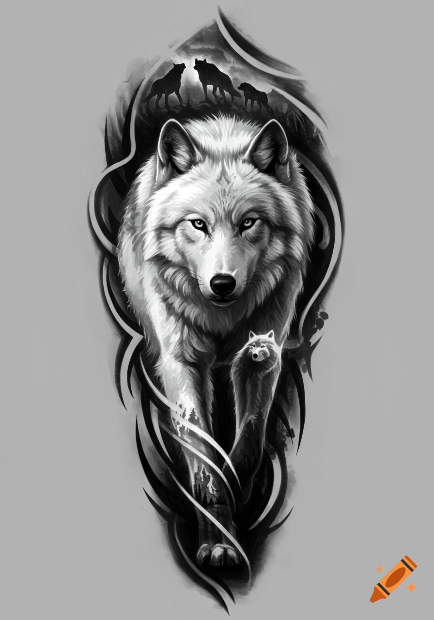 Grayscale tattoo-style illustration of a large wolf walking forward, with a smaller wolf beside it and a pack of wolves silhouetted in the background, all within a stylized frame.