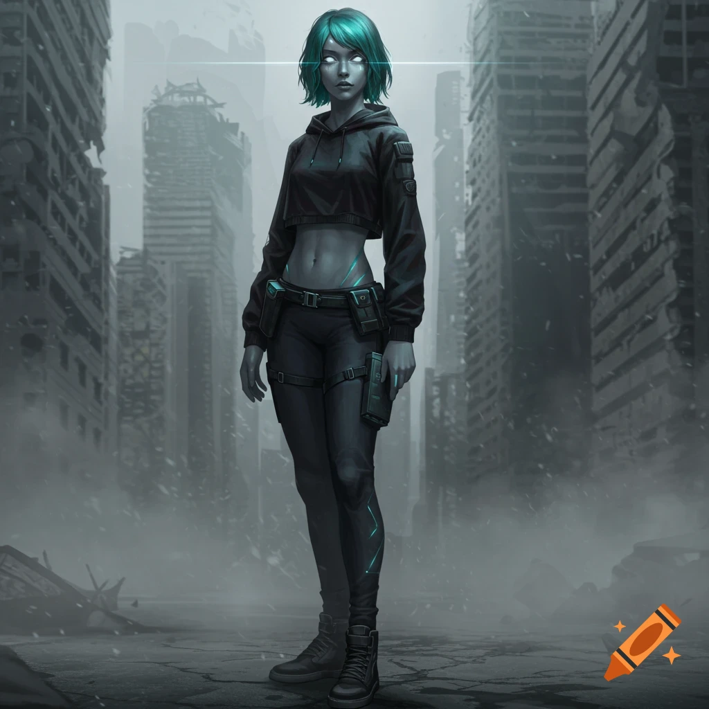 A woman with ash-gray skin, teal hair, and glowing eyes stands in a ruined city, wearing a black cropped hoodie and tactical gear.