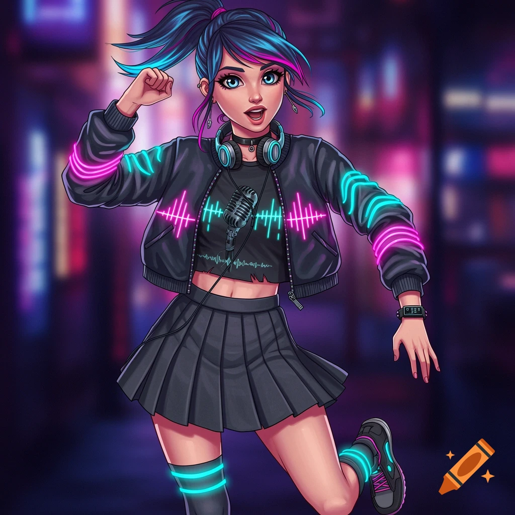 A vibrant anime-style illustration of a teenage girl with blue and magenta hair in a high ponytail. She wears a black cropped bomber jacket with neon soundwave patterns, a graphic tee with a microphone print, a pleated skirt, and headphones, posing against a blurry neon city background.