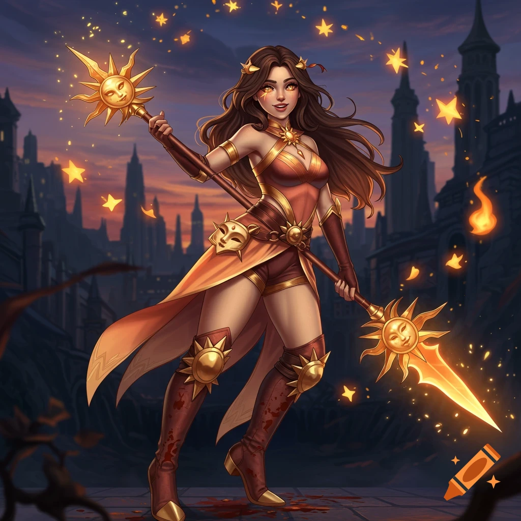 A stylized illustration of a woman in sun-themed fantasy attire, holding a glowing sun-bladed staff and polearm, standing in a city at dusk.