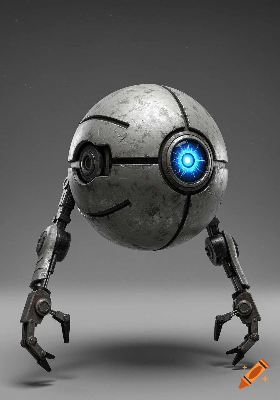 A detailed, weathered spherical robot with a glowing blue eye and articulated metallic arms.