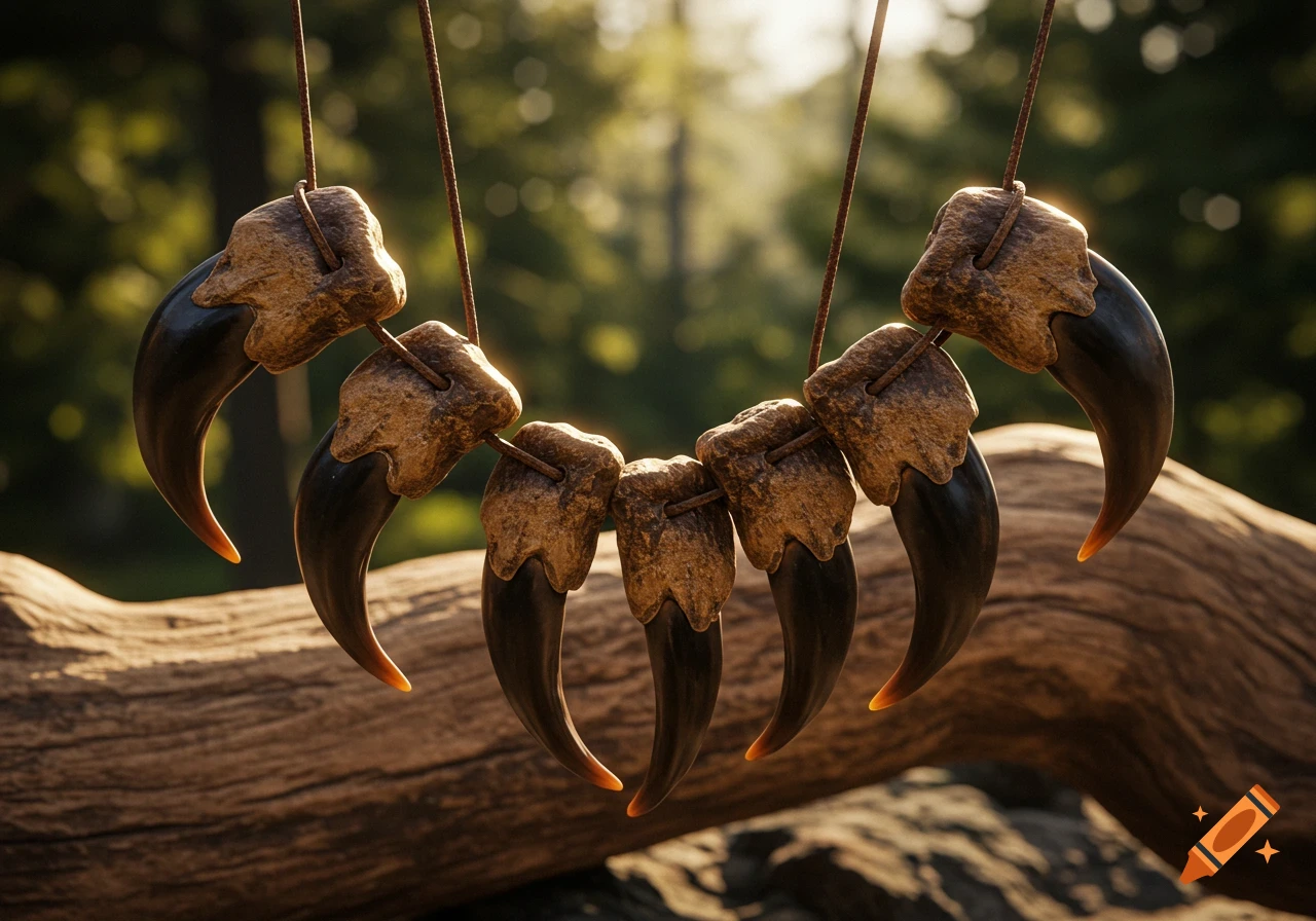 A close-up of a necklace made from six dark animal claws with bone-like beads, hanging outdoors against a blurred forest background.