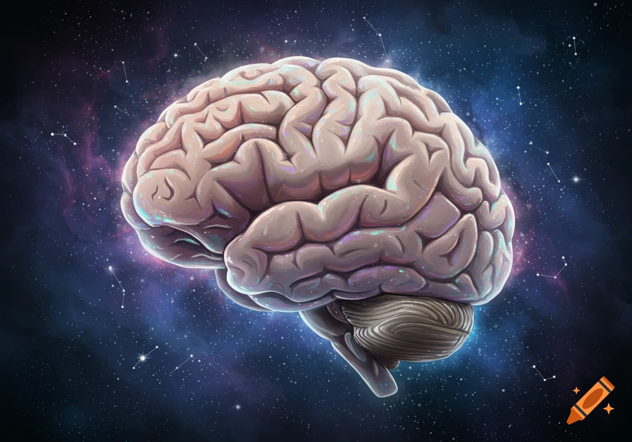 A human brain floats in outer space, surrounded by stars and nebulae.