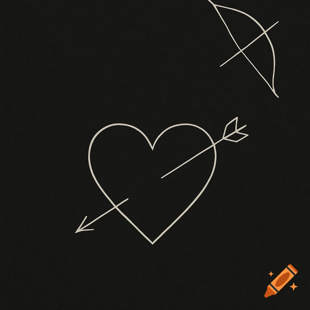 Minimalist line art of a white heart pierced by an arrow, with a bow in the upper right, on a black background.