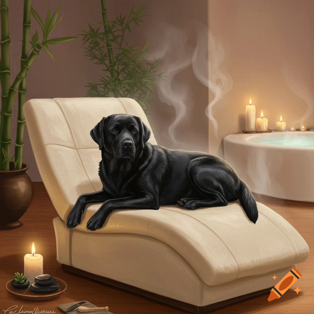A black Labrador dog relaxing on a lounge chair in a spa room with candles, bamboo, and a hot tub, in an illustrative style.