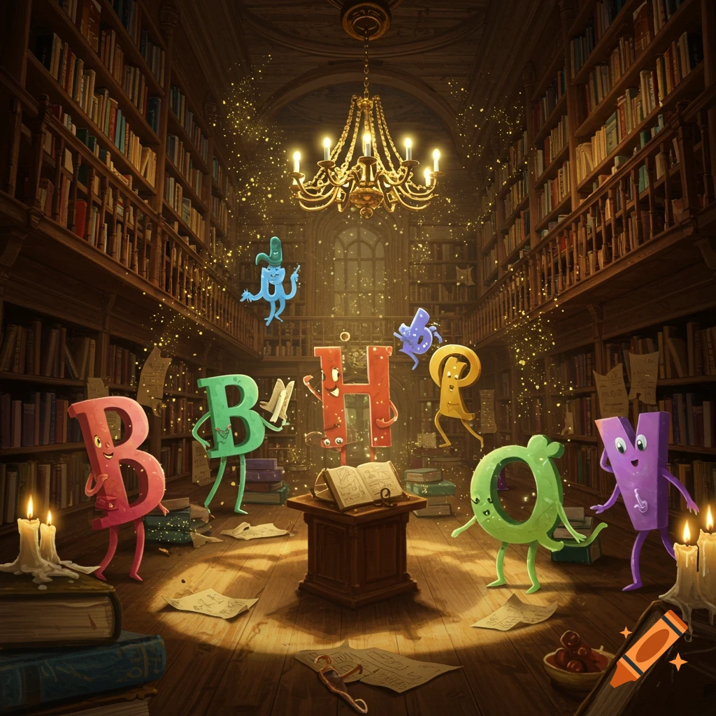 Anthropomorphic alphabet letters, including B, H, P, O, and V, dance in a magical, grand library filled with books and glowing dust.